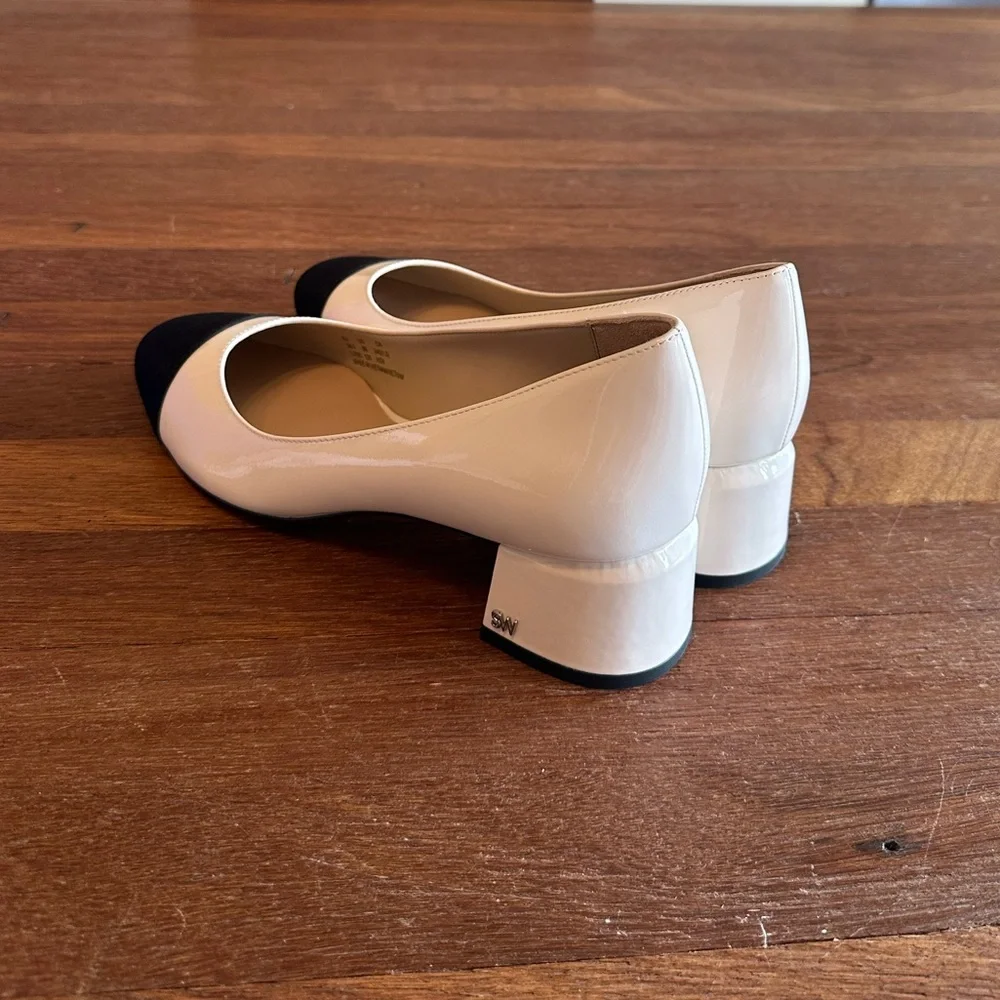 Stuart Weitzman Gabby 45 Block Heel Pump 8 White Black Leather New in Box